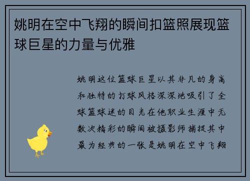 姚明在空中飞翔的瞬间扣篮照展现篮球巨星的力量与优雅